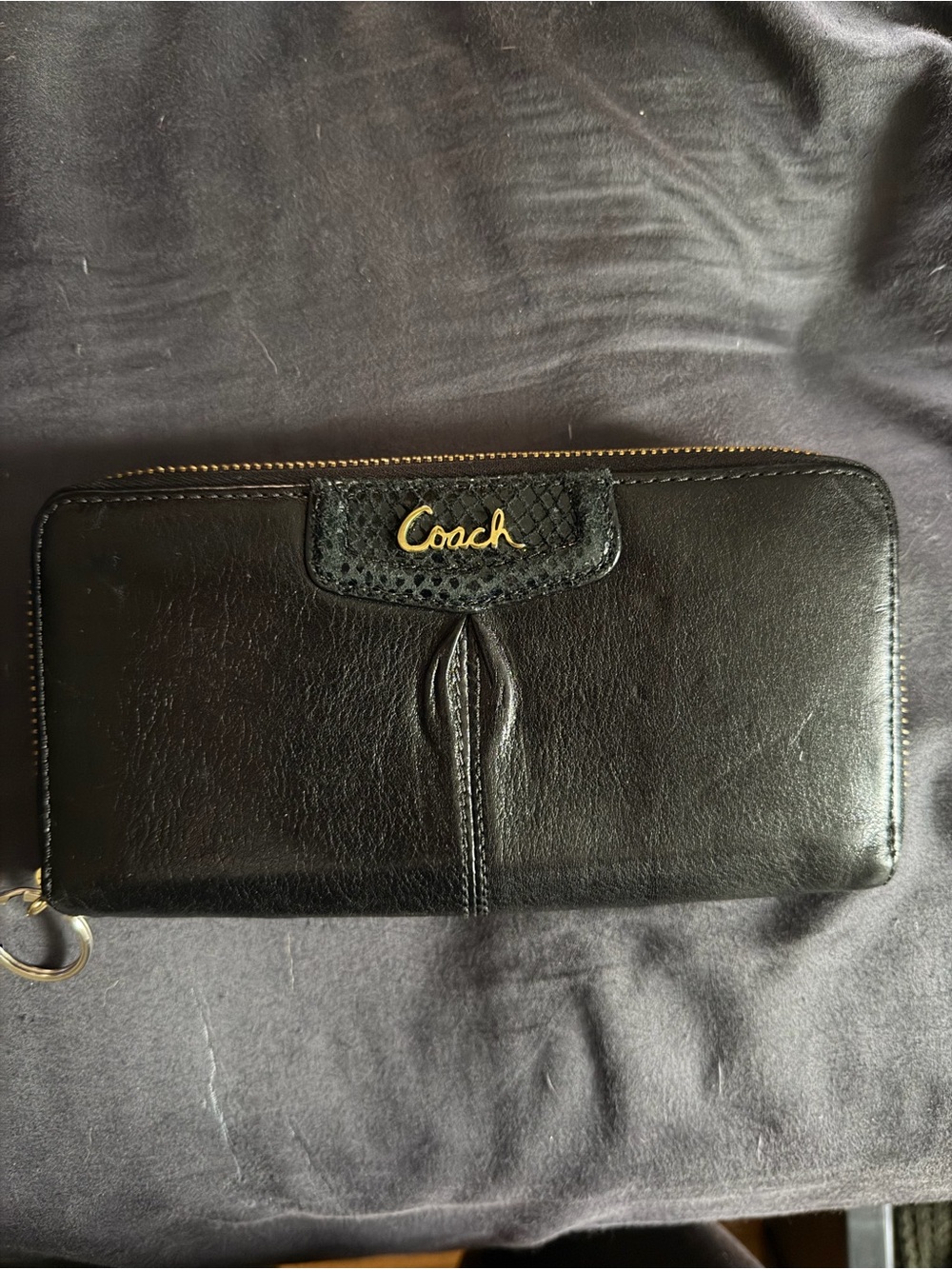 Coach Black Leather Zip Wallet with Gold Logo